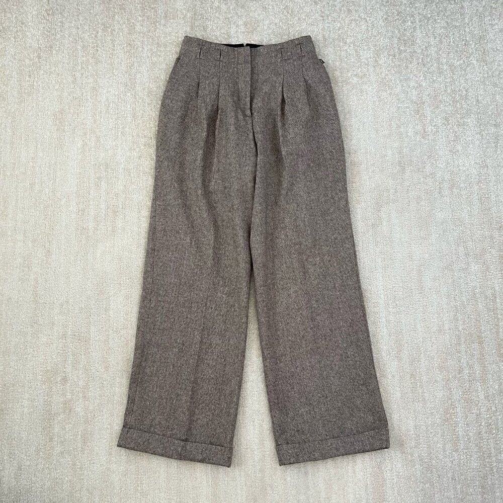 House of Foxy Wool Herringbone Wide Leg Pleated Trousers Pants UK 10 US 6